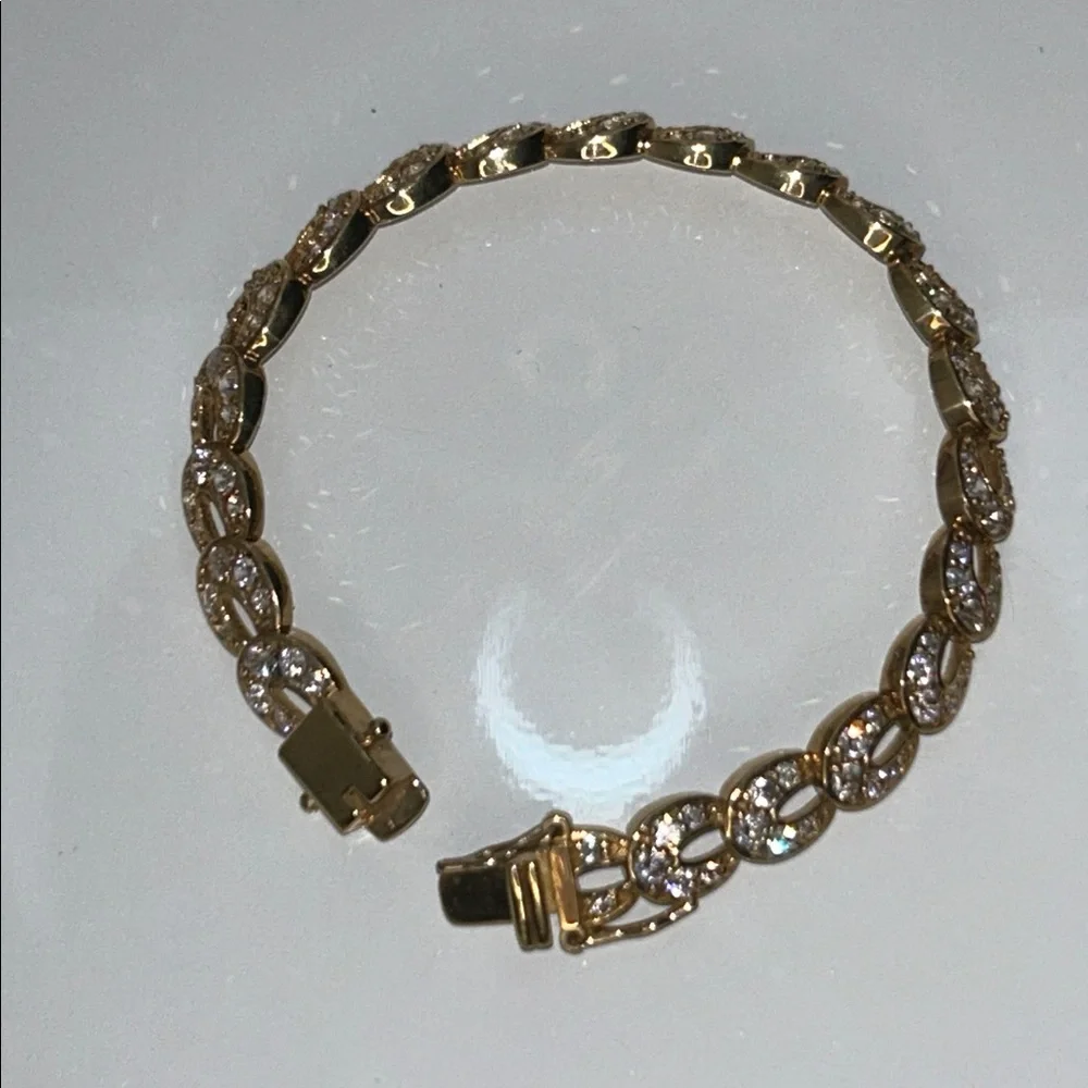 NWOT Gold Plt Sterling Silver Rhinestone Horseshoe Link Designer Line Bracelet